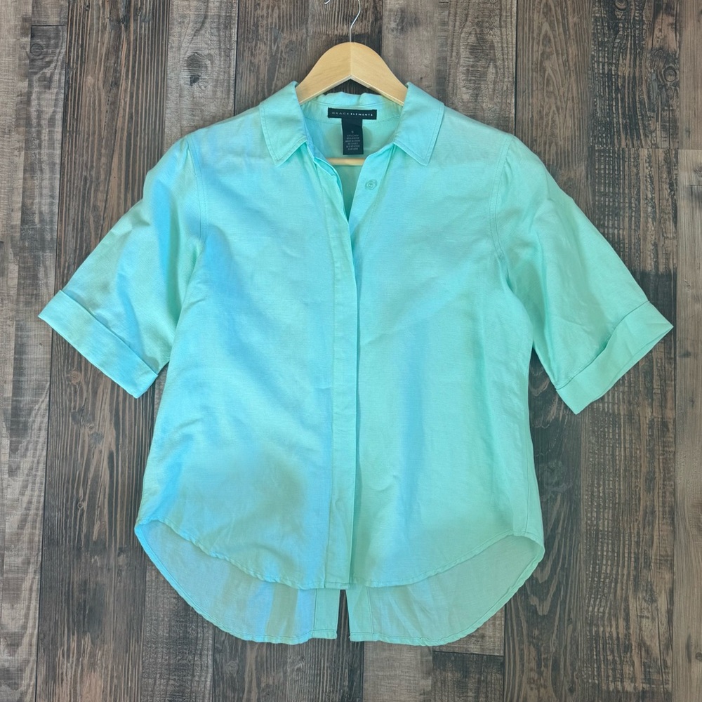 Grace Elements Women’s s Linen Blend Button Down Short Sleeve Top Size Small